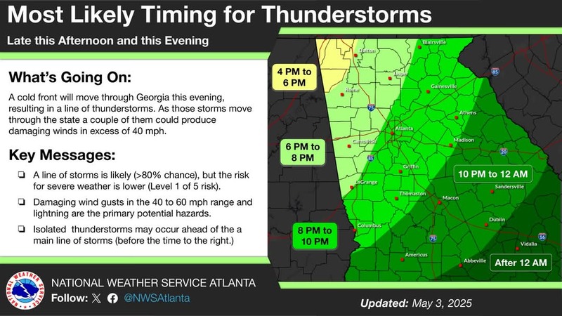 Cold Front to Move Through North and Central Georgia this Evening Leading to Thunderstorms